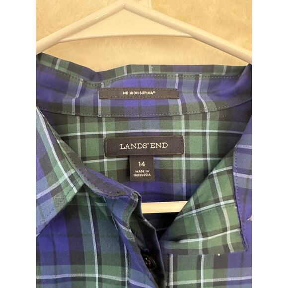 Lands' End Blue Plaid No Iron Supima Top 14 Large Half Button - Picture 6 of 9